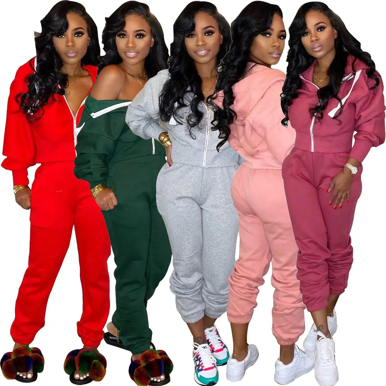 

Wholesale solid color autumn zipper two piece clothing Women Clothing Long Sleeve track suit Two Pieces Pants Set, 5 colors