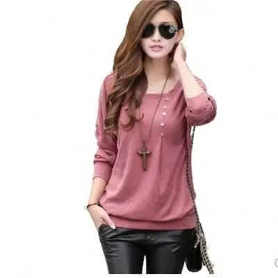 

New long-sleeved T-shirt female Korean version of the large round button nail bat Tops