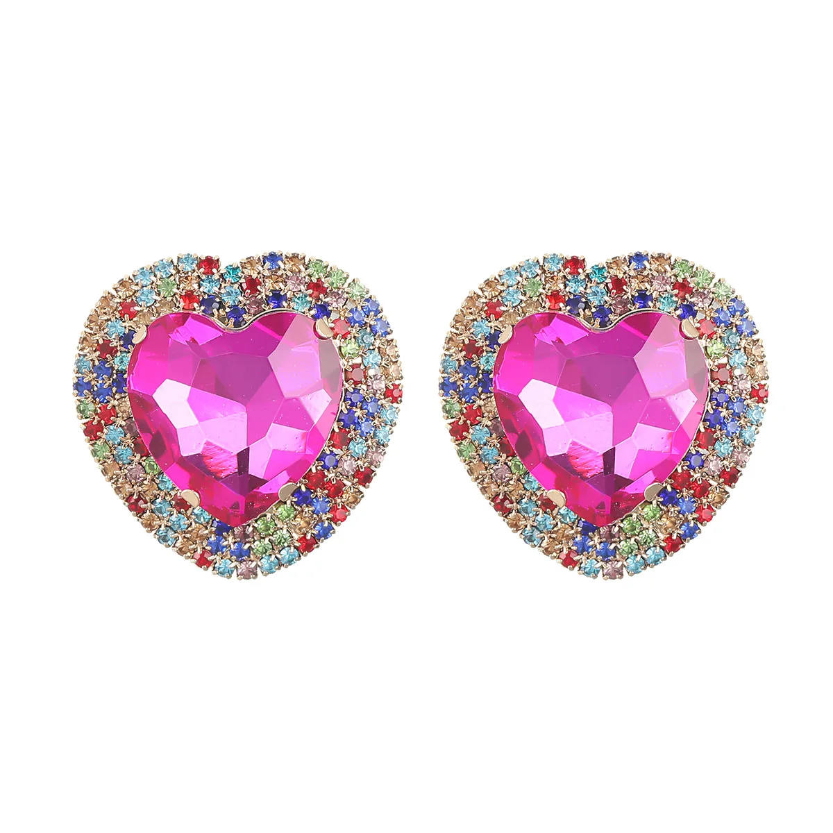 

Exaggerated Alloy Color Diamond Heart Shaped Glass Diamond Earrings Trendy Girl Flash Full Diamond Temperament Stud Earrings, Colorful