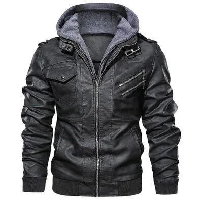 

2021 Wholesale Fashion Men Racer Motorcycle PU Leather Jackets jaqueta de couro masculino Hooded Coat Black Brown Leather Jacket, Picture color