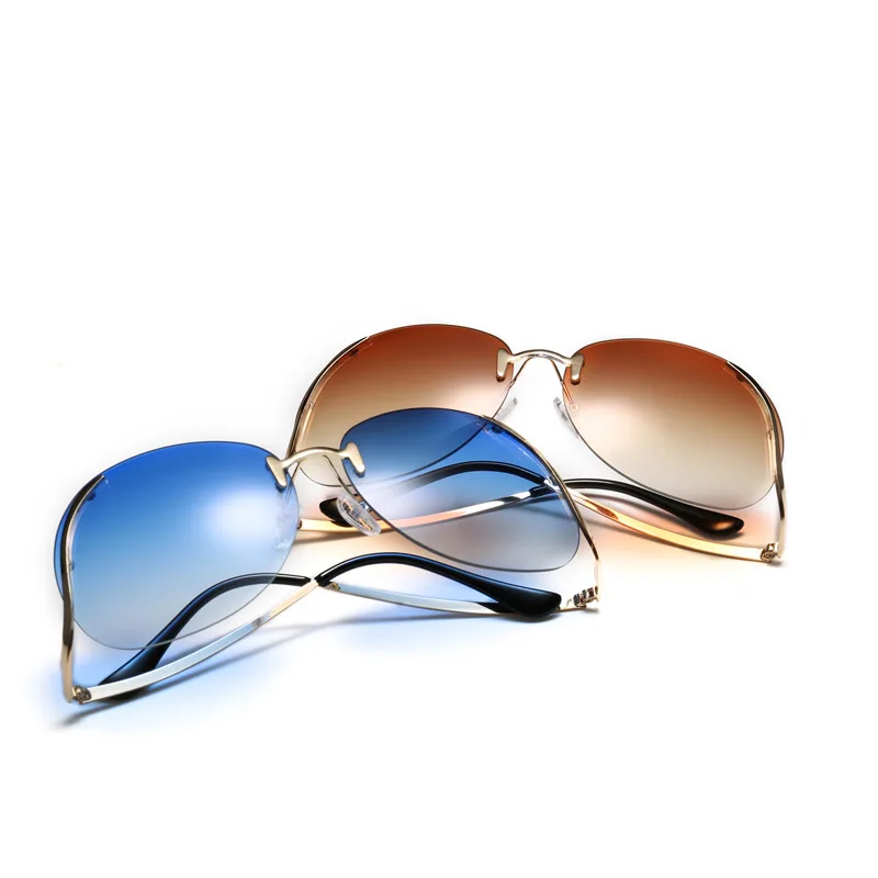 

New Oversized Female Style Eyewear China Women 2020 Multi Color Rimless Bend Leg Sunglasses, Picture shows