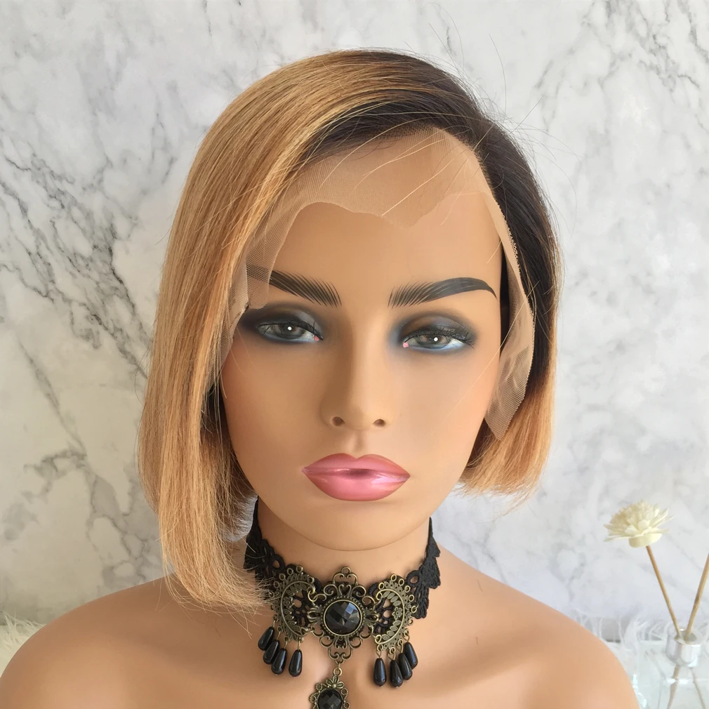 

10a Grade Brazilian 100% Human Hair ombre blonde 1b/27 Pixie Cut 4x4 Lace Closure Wig short lace wig