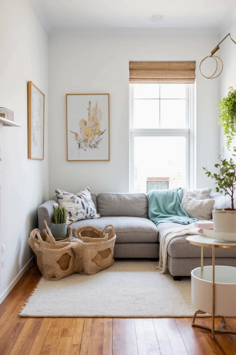 Happy family enjoying decorated small apartment together