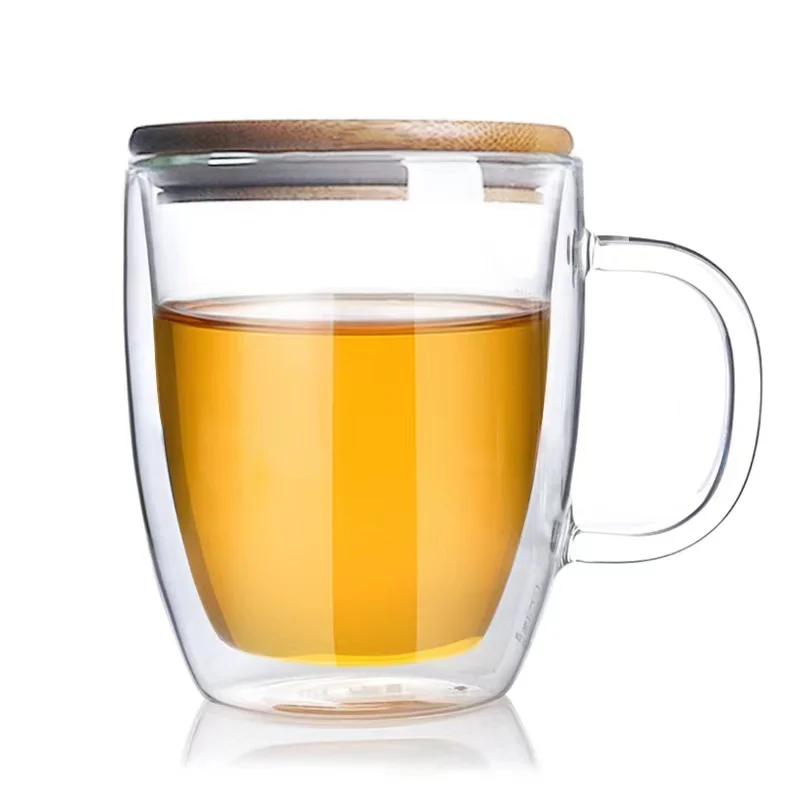 

Popular Customized Logo Beer Juice tea Cup Double Wall Glass with handle and bamboo lid