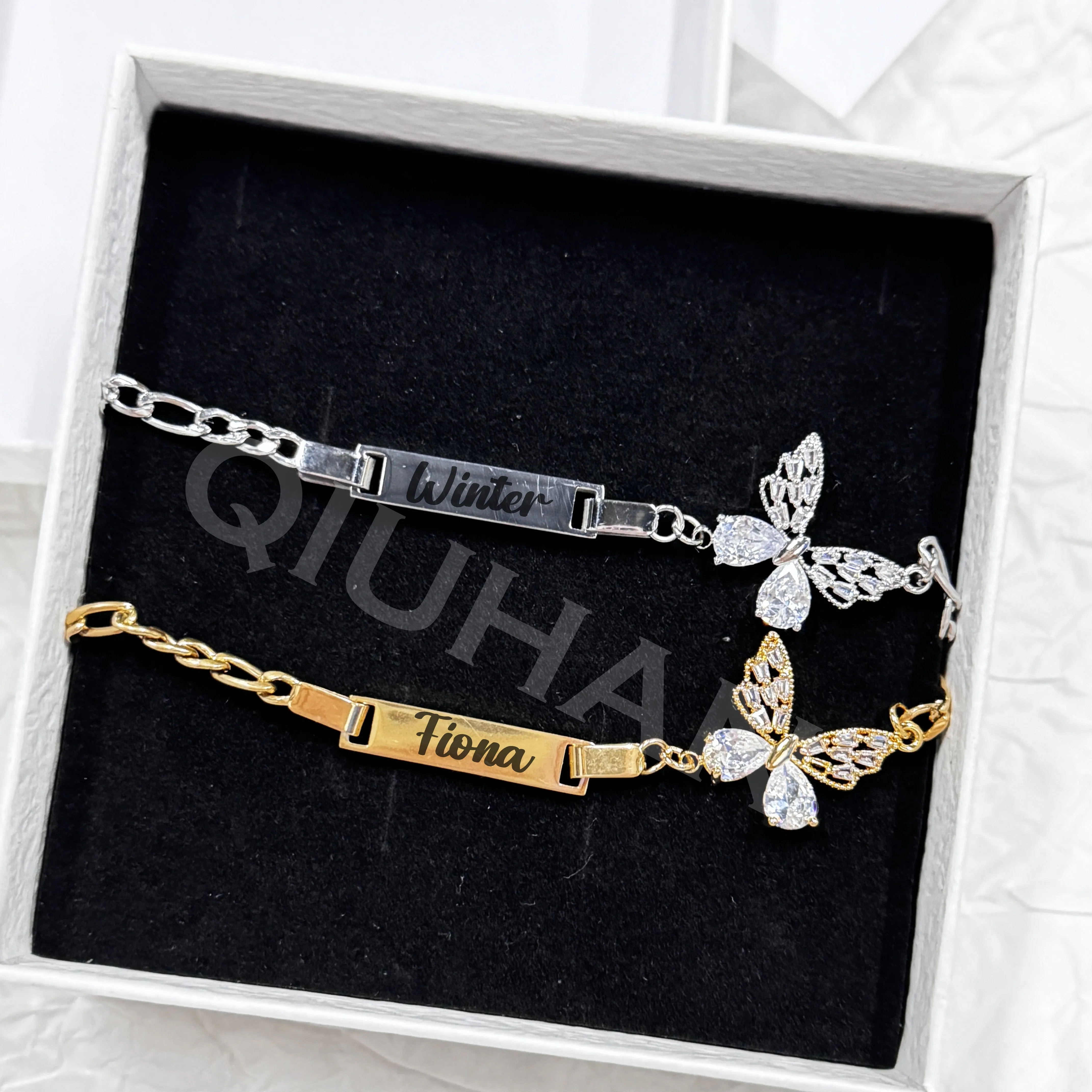 QIUHAN Customized Engraved Name Bar Bracelet Zirconia Butterfly Nameplate Bracelet