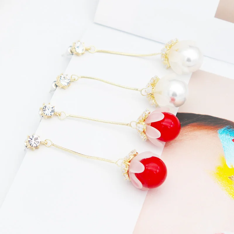

Korean Fashion Factory sells lady Crystal long Tassel pearl earrings classic gold-plated pearl drop earrings for women 2021, Colorful
