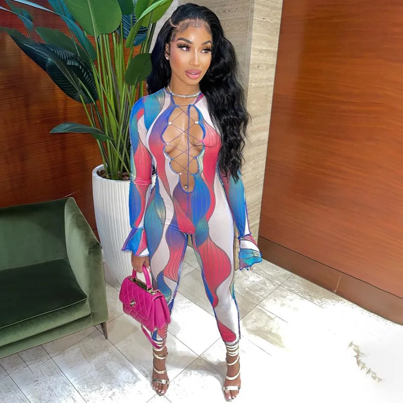 

New Arrivals Women 2021 Casual One Piece Long Sleeve Hollow Mesh Print Slim Jumpsuits