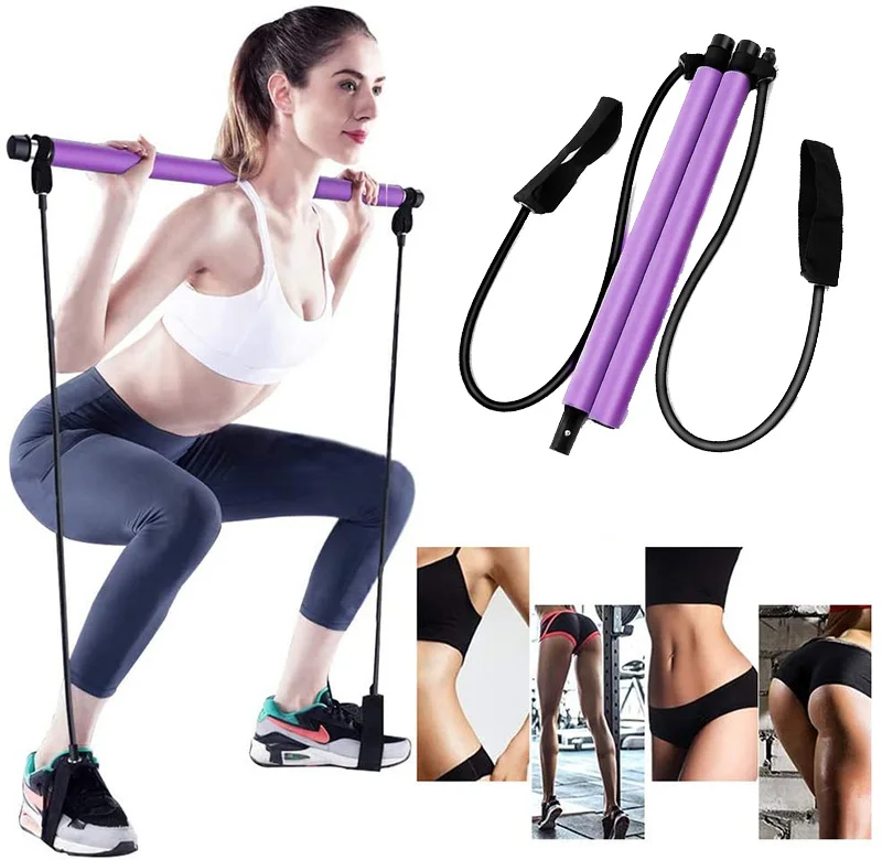 

Pilates Bar Stick Resistance Bands Trainer Yoga Rods Pull Rope Portable Home Gym Body Workout Fitness, Purple, blue, pink