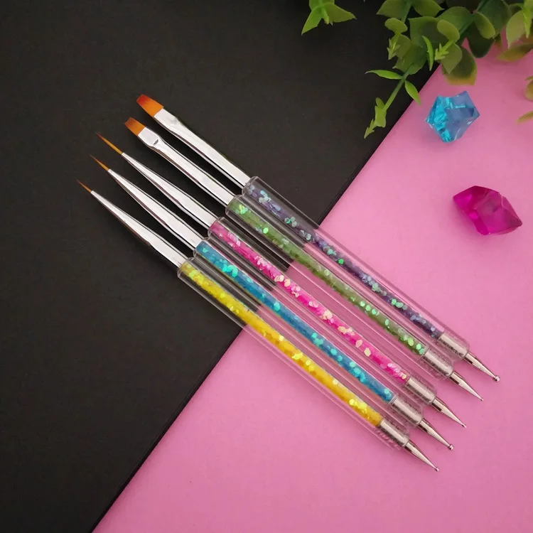 

5pcs different sizes nail art brushes double ended nail dotting tool pen nail striper liner brush rhinestone handle, Customized