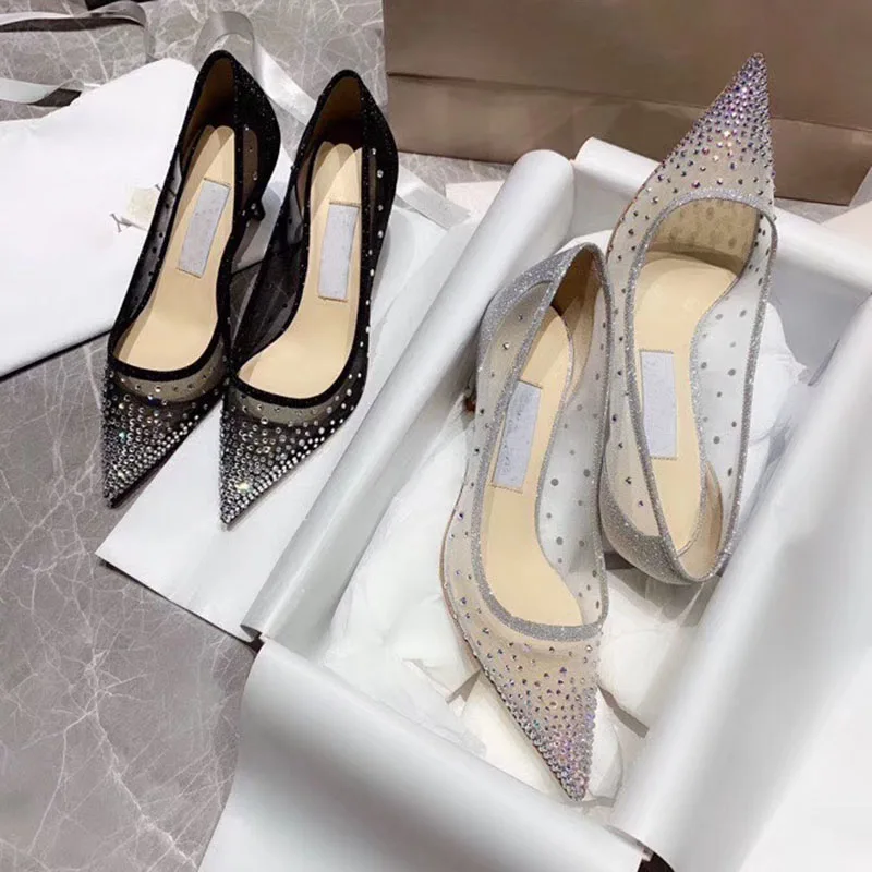 

J Original Mesh Diamond Transparent Stiletto Sexy Luxury Trendy Fashion Designer Chunky High Heels Pumps Women Ladies Shoes