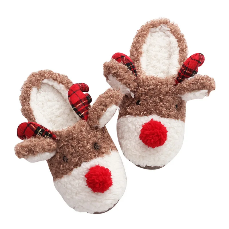 

Ladies Cute Animal Plush Reindeer Slip On Winter Warm Bedroom Shoes Non Slip House Christmas Slippers