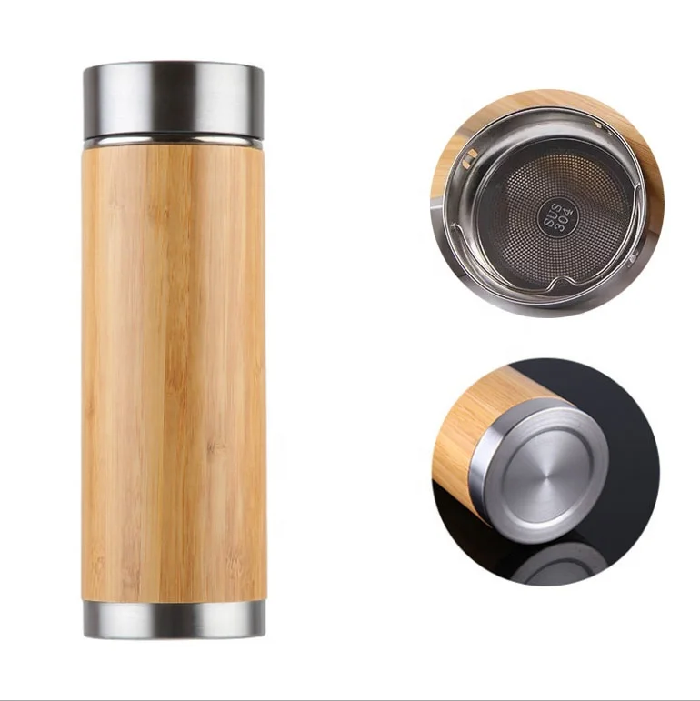 Custom logo natural bamboo stainless steel water bottle coffee mug tea vacuum flasks with lid BPA free