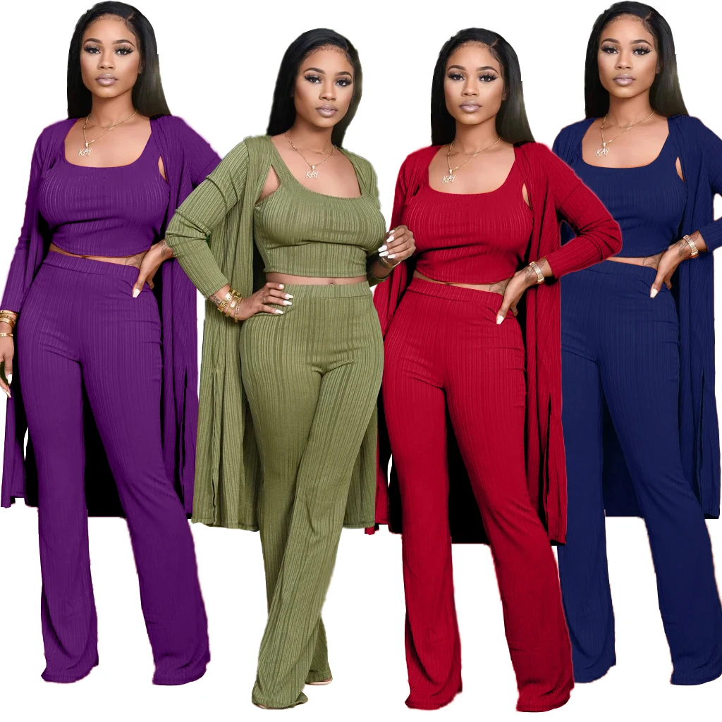 

Foma AJ4315 hot selling 2020 solid tops woman crop pants women three piece pant set