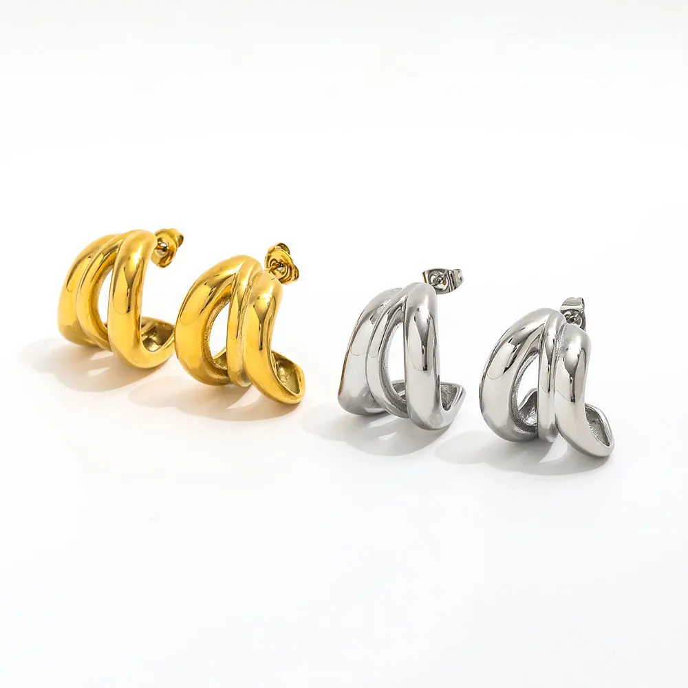 New Trendy 18K Gold Plated Three-Layer Camber Line Hoop Earring Stainless Steel for Engagement Wholesale Available