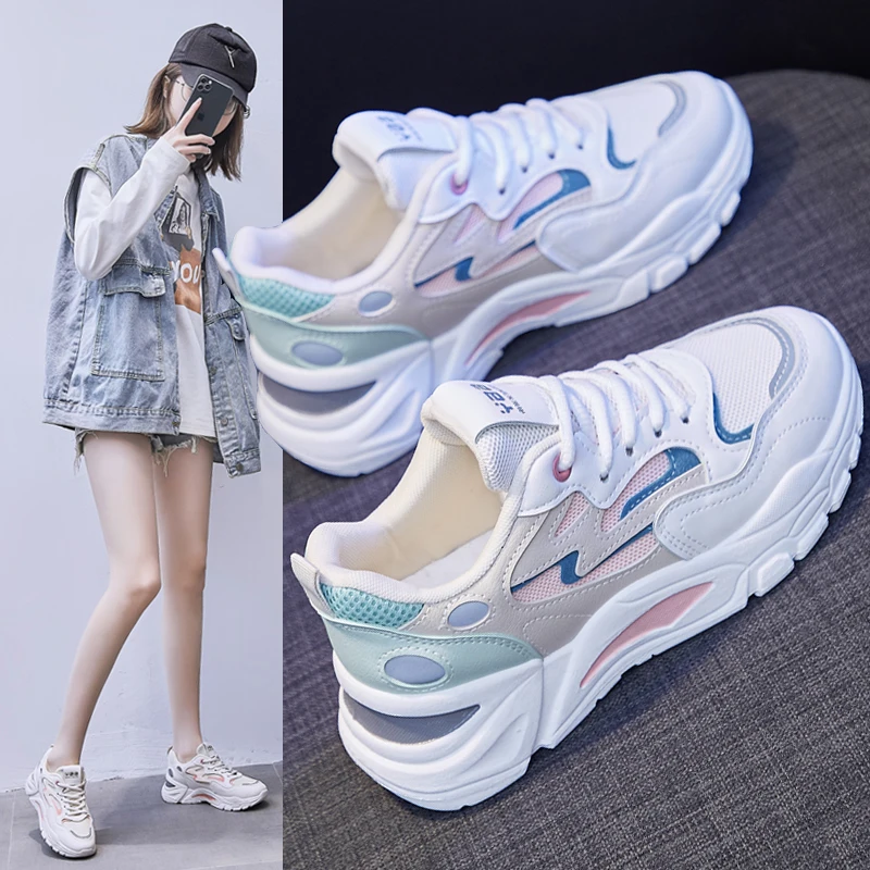 

Spring 2021 Women Fashion Sneakers Platform Chunky Lace Up Casual Shoes White Old Dad Shoes Woman Vulcanized Shoes
