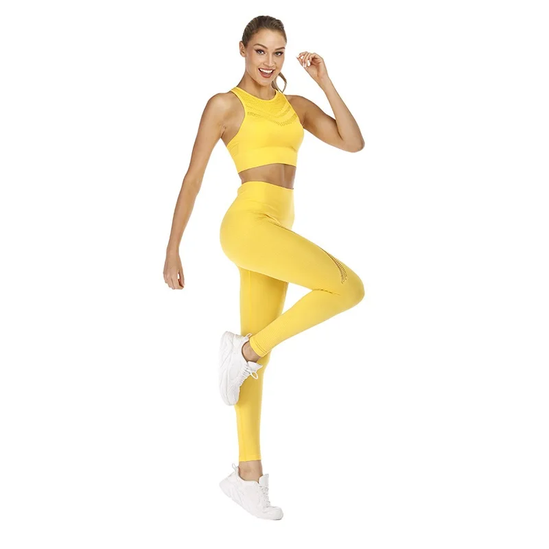 

BBZH005T Yellow Female sexy hollow design sportswear set running fitness 2 piece suit moisture wicking leisure yoga set