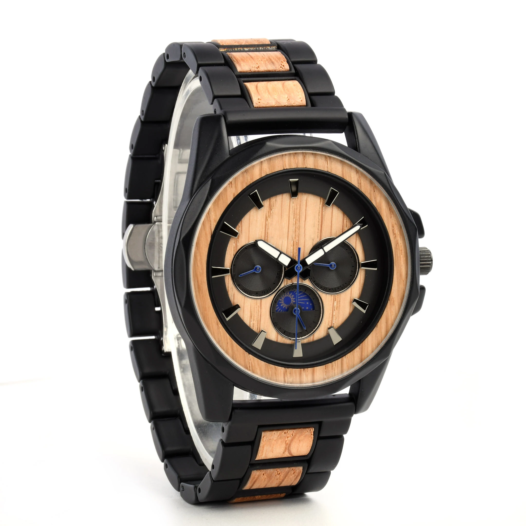 

Luxury Design Waterproof 3 ATM Wood and Stainless Steel Watch Moon Phase Date and Day Display Wooden Watches