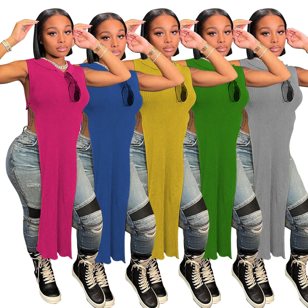 

2021 soild color 5color hollow out sleeveless knit hoodie summer dress tops for women