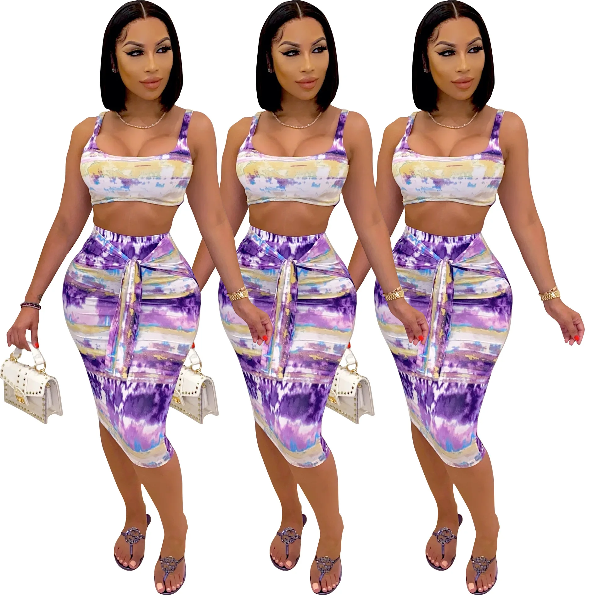 

B54680A Women printed 2 piece skirt set fashion tie-dye crop top with skirt, Shown
