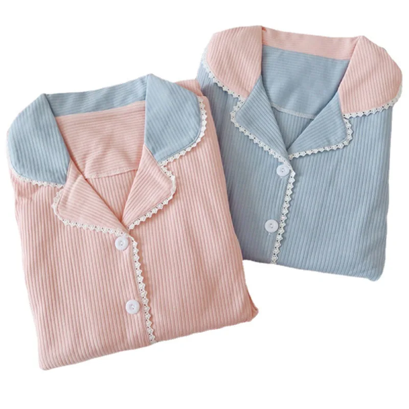 

2021 Winter Sleep Lounge Wear Ribbed Home Clothes Shirt Sleepwear Pjs Piyama Tidur Korea Striped Pajama 2 Piece Pyjama For Women