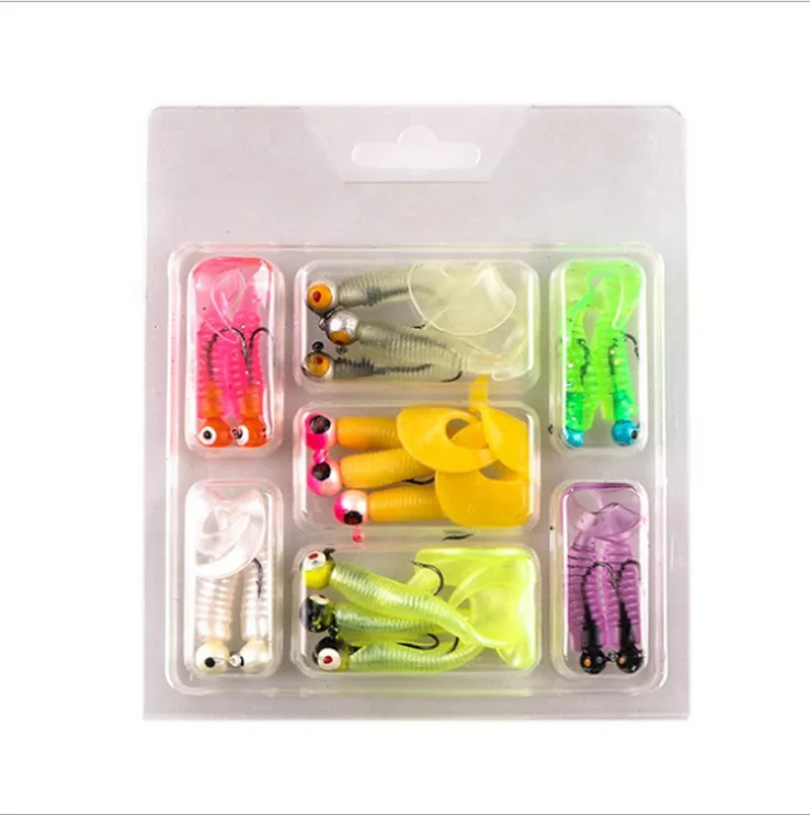 

fishing lure set kit combine with soft Single tail worm and lead jig head fish hook for Mandarin fish mandarin bass, Vavious colors