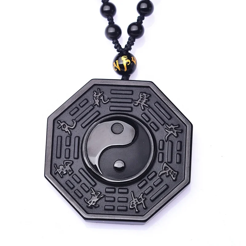 

Natural obsidian BAGUA Necklace Pendant Chinese Men's Jewelry Women's Jewelry HYSD15, Black
