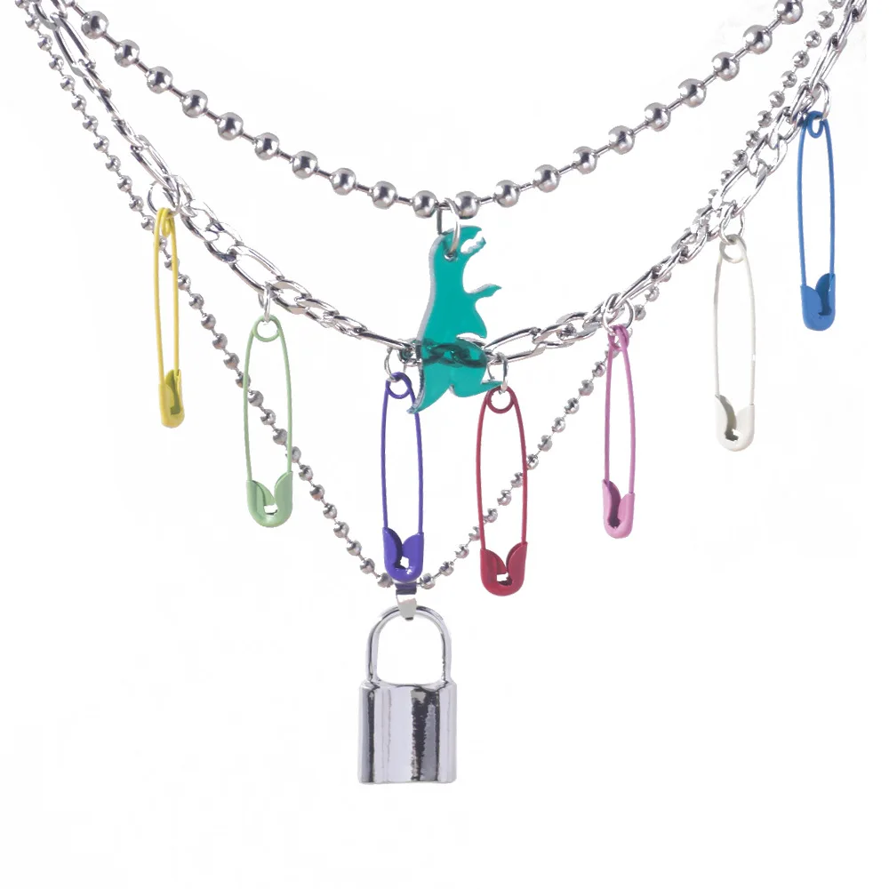 

Punk Metal Dice Multilayer Necklace Set Personality Creative Gold Plated Pin Necklace Square Sieve Pendant Necklace For Women