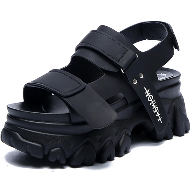

2021 New 8 CM Thick Sole Sandals Women Leather Platform Wedge Sandals Ladies Fashion Black Summer Shoes