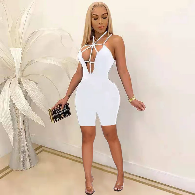 

2021 New Arrivals Apparel Lace-Up Solid Colour Summer Tight Romper For Ladies Shorts Rompers Womens Sexy -PT, White,black,blue,pink