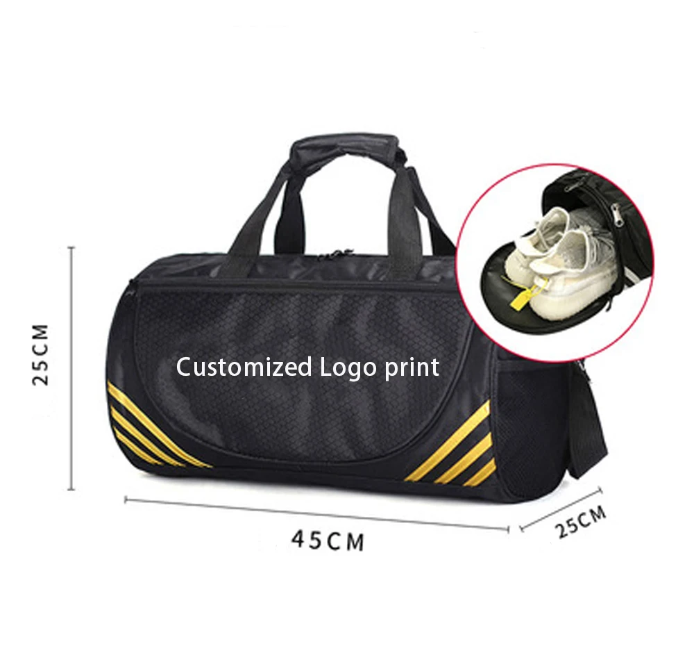 

Large capacity travel bag waterproof sport gym travel duffel bag with shoe compartment, Black with silver or gold strips