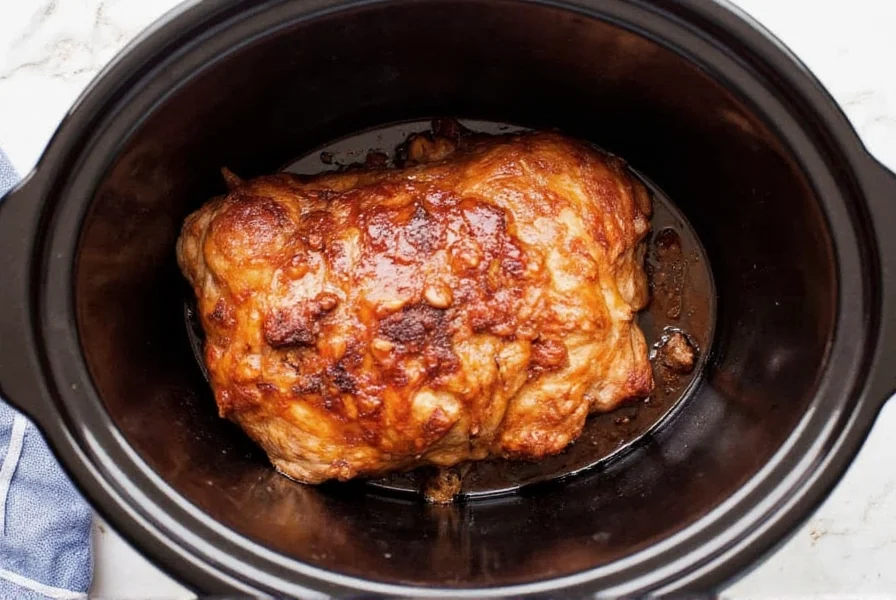Dr Pepper pulled pork crock pot recipe step showing pork shoulder in slow cooker with Dr Pepper soda poured over top