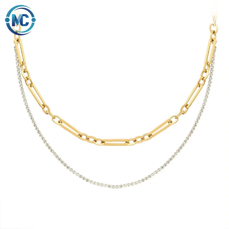 

2021 Hip Hop Chain Zircon Necklaces Double Layer Statement Necklaces 18K Gold Plated Stainless Steel Necklaces Women Jewelry, Gold,silver