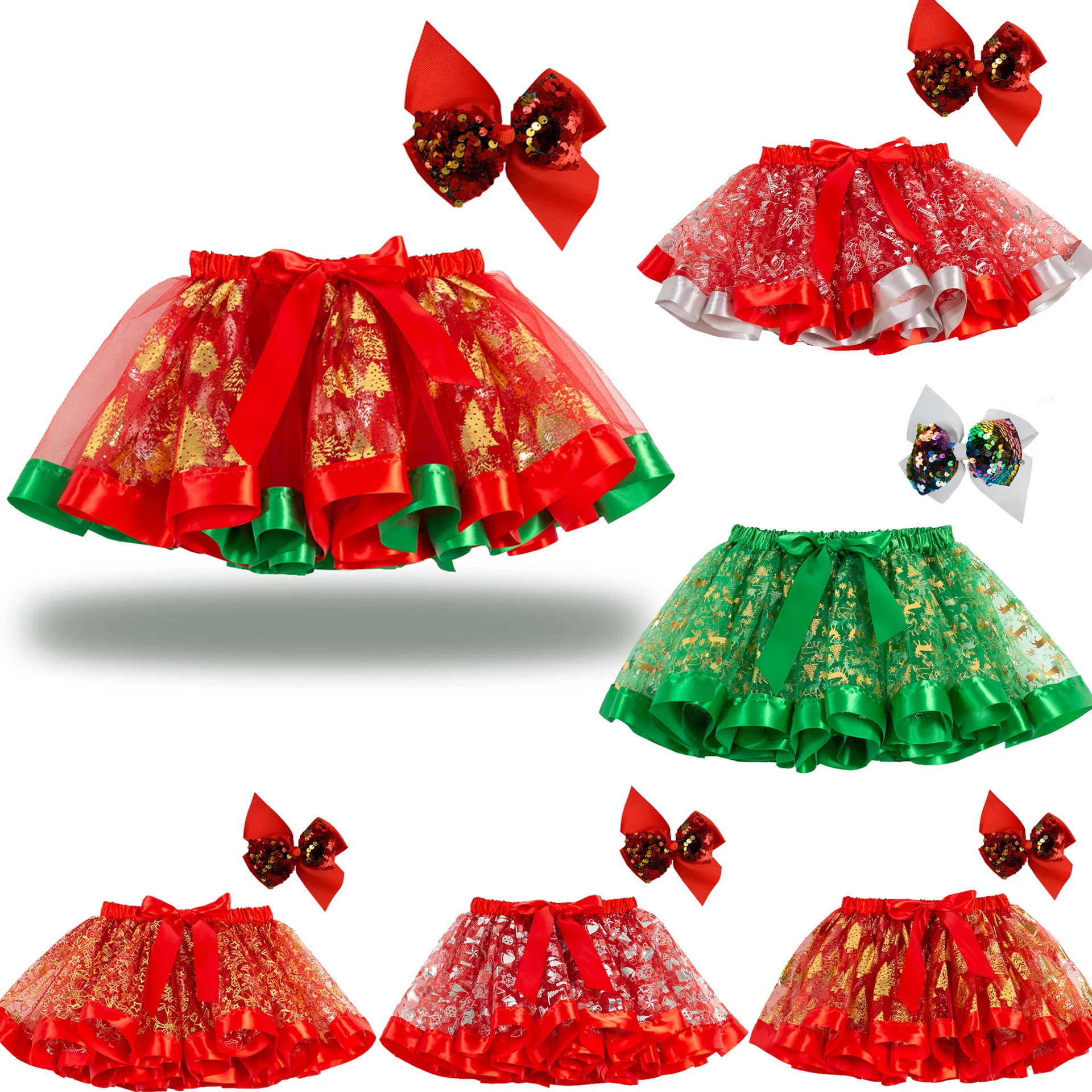 

2021 Pretty Children Tutu Skirts Clothing Print Cartoon Elk Christmas Tree Children Cute Girls Tutu Skirts Mesh With Bow Harclip