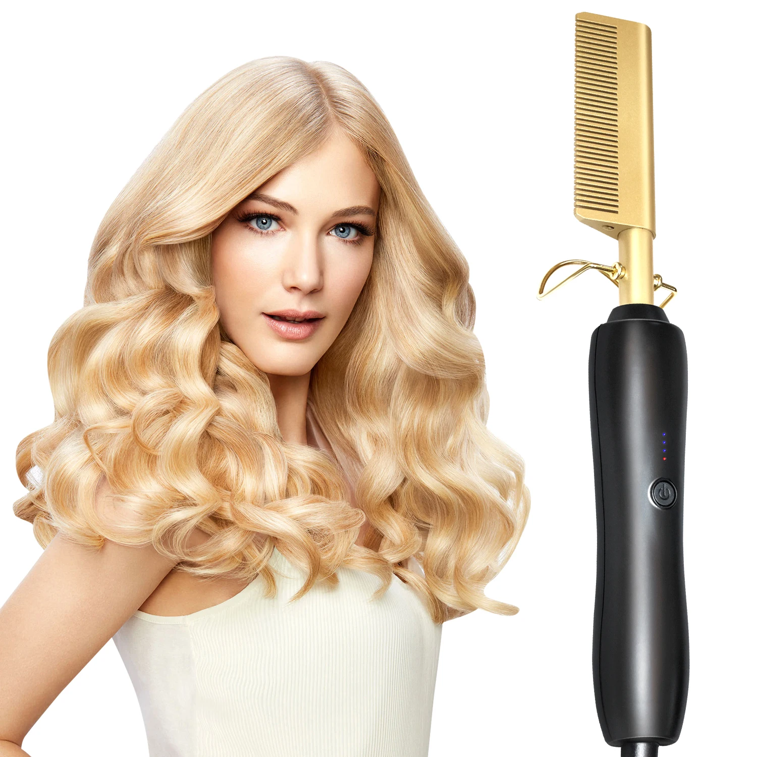 

2 in 1 New Private Label 500 Degrees Hot Heating Straightener Iron Brush Hair Curler Straightening Hot Comb Electric for Wave, Black,gold