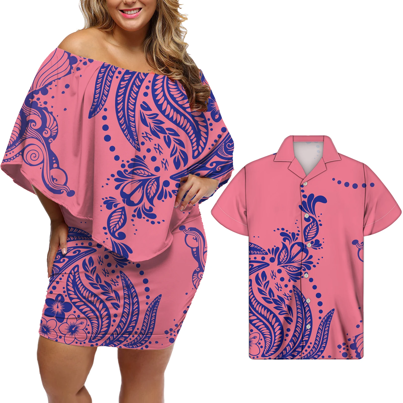 

Different Colors Polynesian Print Dress Set With Shirt New Fashion Casual Summer Dress Plus Size Bodycon Dresses Off Shouder, Customized color