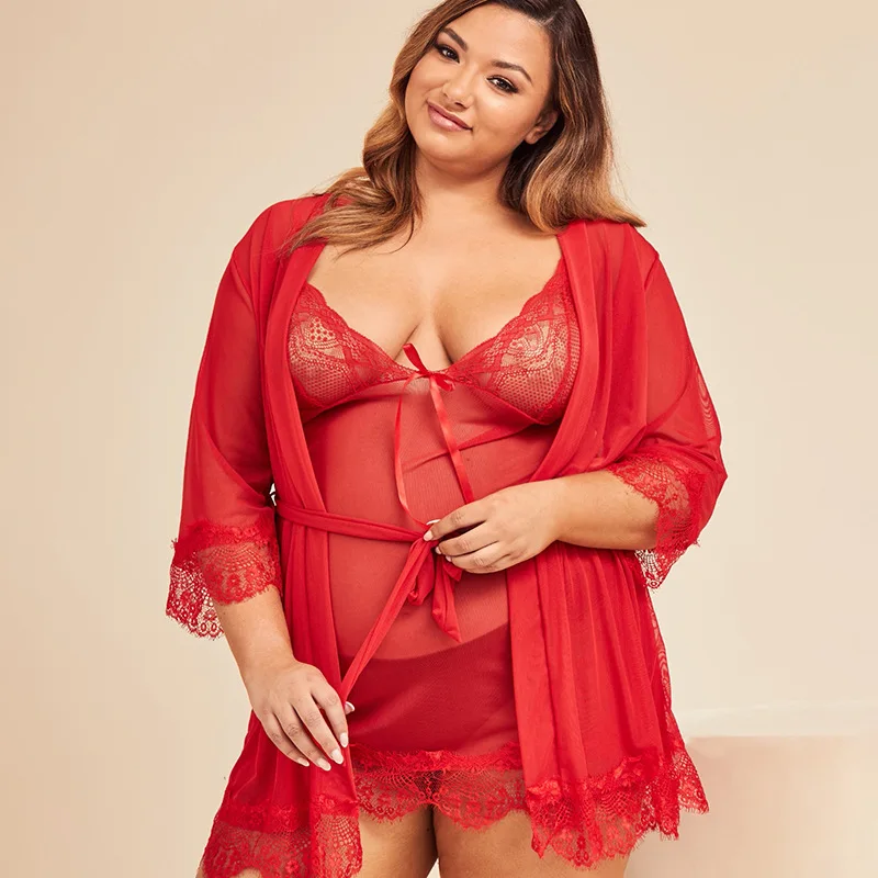 

Red Lengrie Dress Sleepwear Women Plus Size with Robe 3pack set