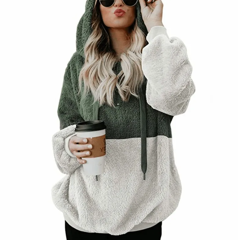 

2020 Fall Winter Plus Size Women's Warm Long Sleeves Fleece Sherpa Pullover Hoodie With Pocket, White, pink, black, khaki, navy blue, apricot, red, gray, army green