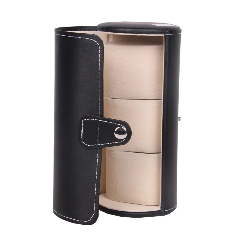 

Good design round 3 slots pu leather watch gift case, Black