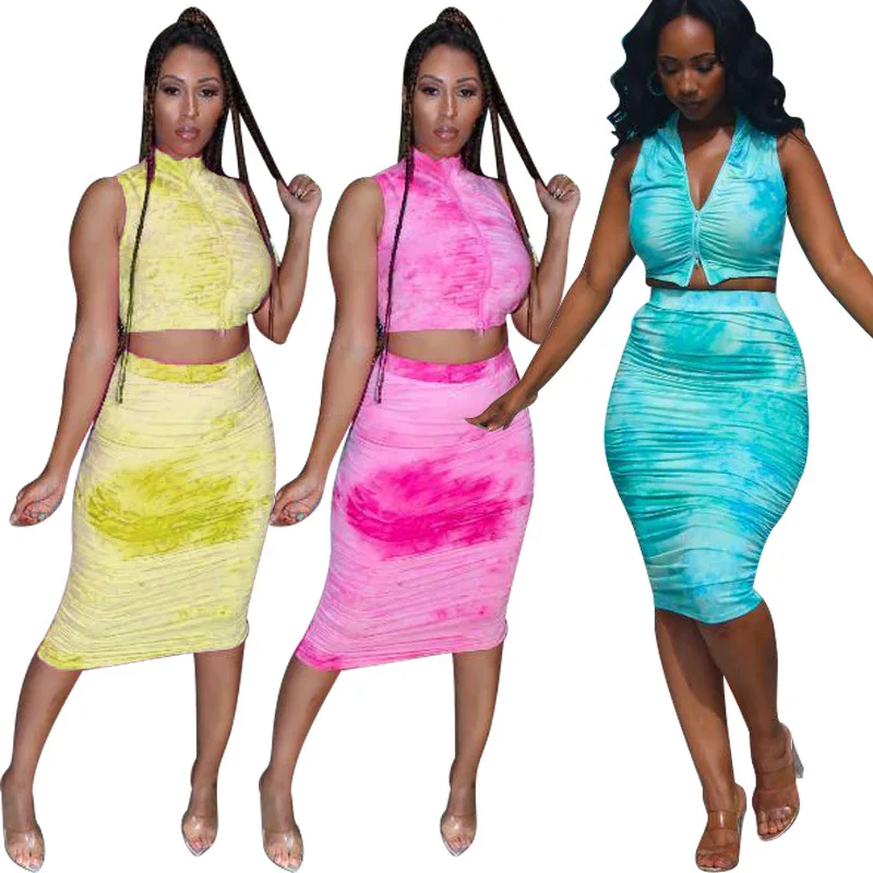 

summer women tie dye long dresses sexy tank top and long skirt 2 piece set
