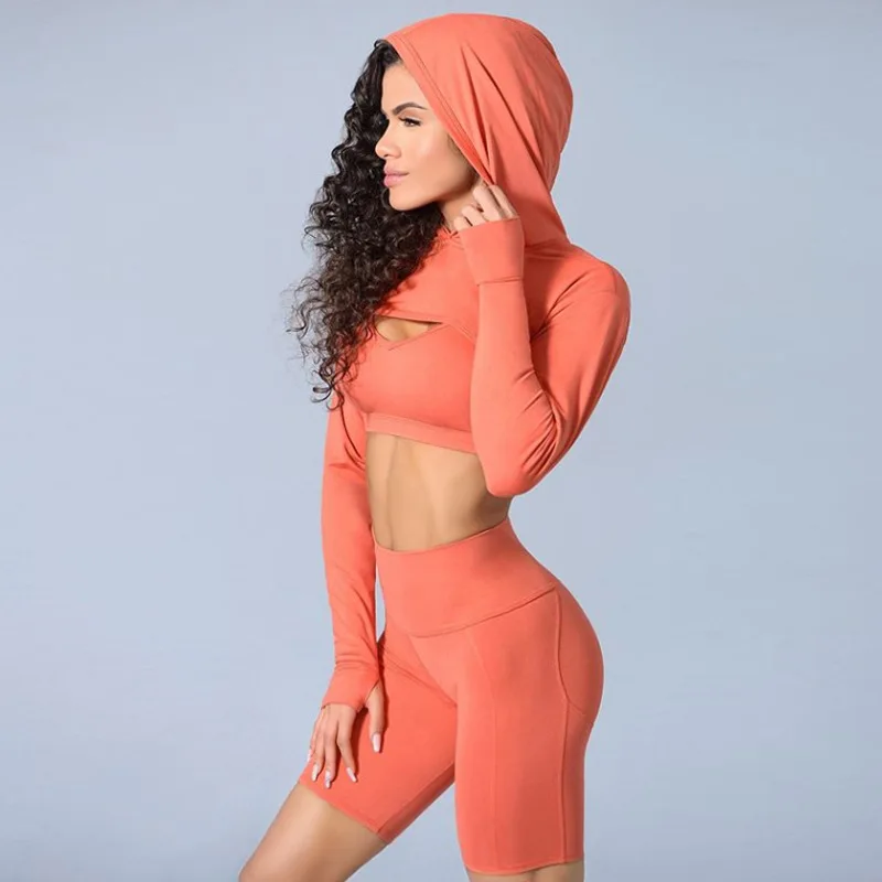 

Yoga Set Women 3 PCS Fitness Suit Long Sleeve Crop Top Push-up Bra Padded Shorts Naked-feel Fabric Workout Hooded Gym Sportwear