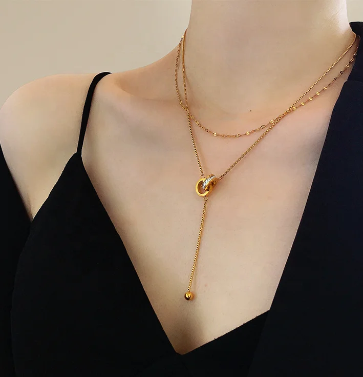 

2021 New Design Women Fashion 18K Gold Plated Jewelry Stainless Steel Necklace Multi Layered Diamond Choker Necklace Wholesale