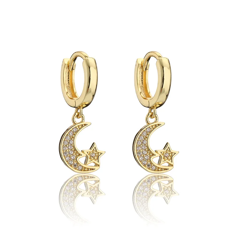 

Elegant Women Jewelry 18K Gold Plated Star Moon Charm Hoop Earring Micro Pave Cubic Zirconia Star Moon Dangling Earring