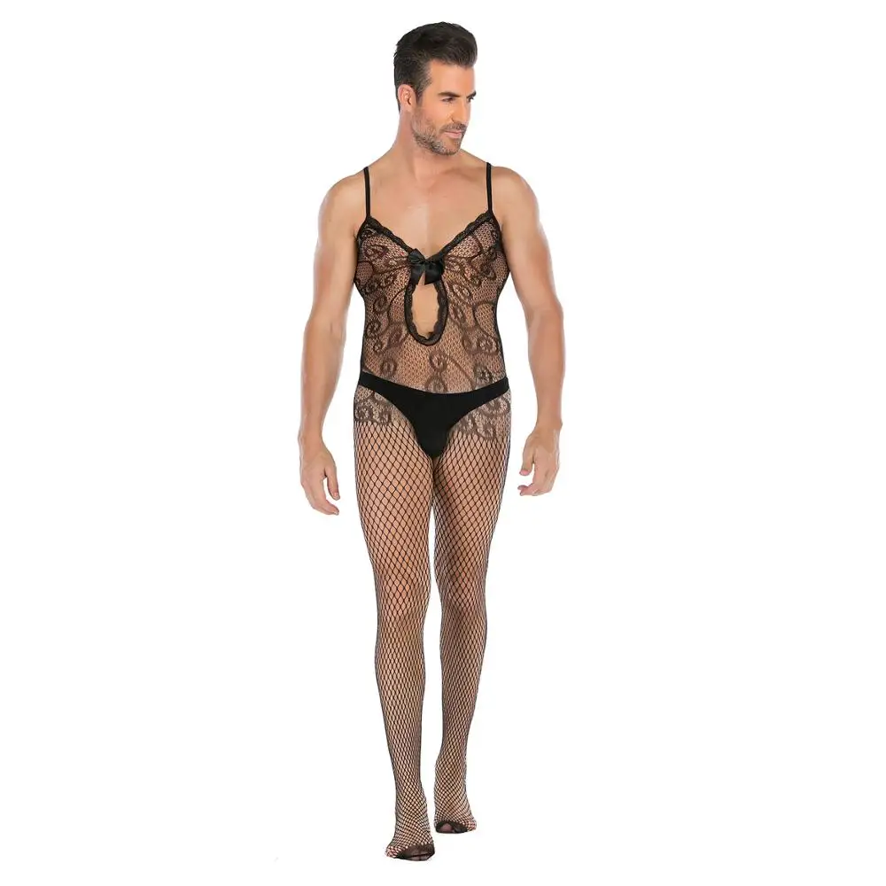 

Sexy Man Sleeveless Bodysuit With Bowknot Open Tight Crotch Men Body Stocking Bodystocking, Black