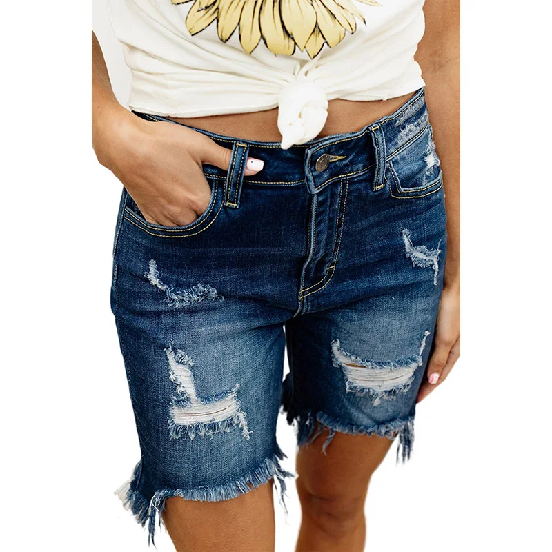 

2022 New Arrival Fashion Summer High Waist Distressed Denim Shorts Skinny Blue Jeans Shorts For Women, Picture color