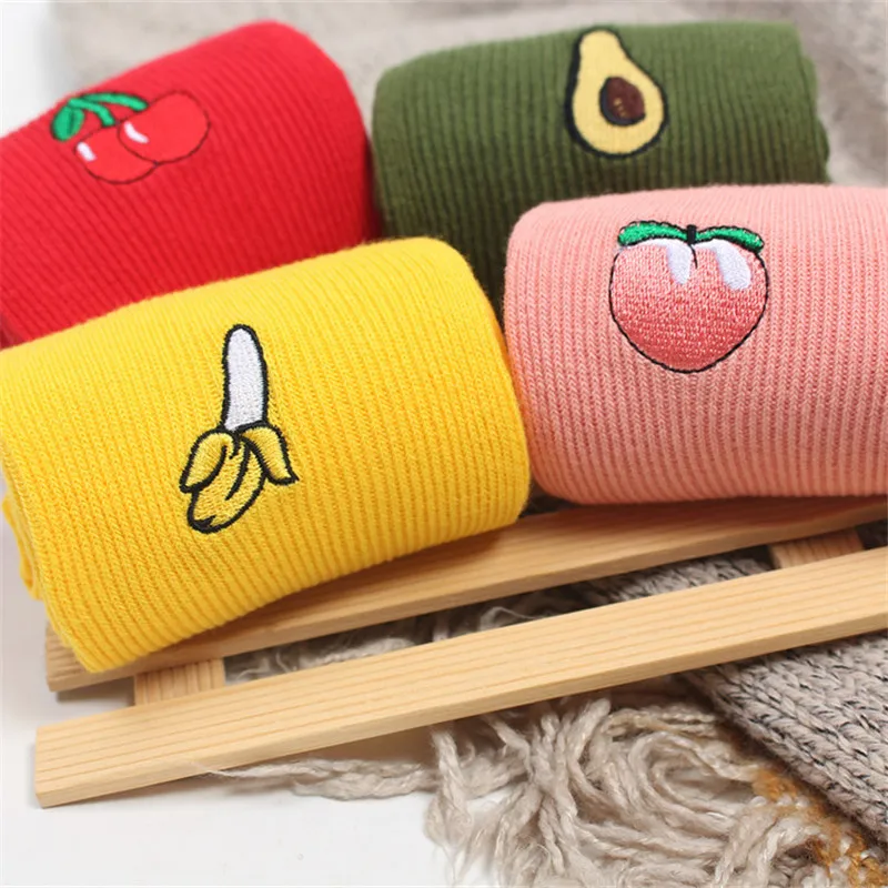 

Dropshipping Casual Women Long Cozy Socks Soft Cotton Custom Embroidered Fruits Slouch Socks, 7 colors as picture show