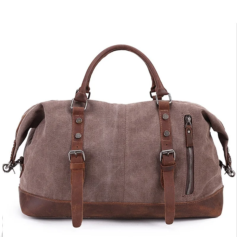 

New canvas with horseskin leisure travel satchel outdoor shoulder bag with large capacity waterproof travel bag, Black,gray,coffee,blue