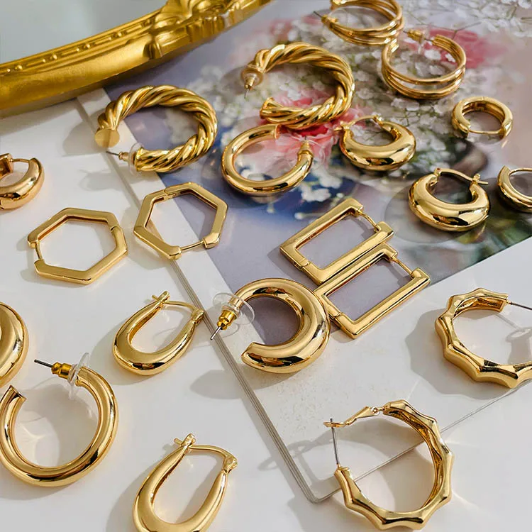 

2022 Tarnish Free Jewelry Fashion 18K Gold Plated Stainless Steel Geometric Irregular Chunky Hoop Earrings