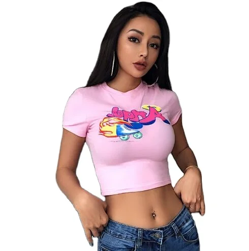 

Fashion girl summer slim short navel top girl cute sexy printed short-sleeved T-shirt custom