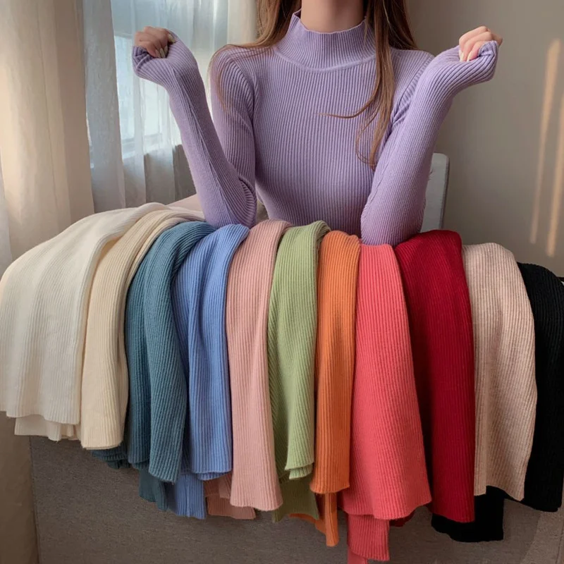 

UP-New Fashion Women Girls Knitwear Stand Collar Pullover Blouse Long Sleeve Solid Color Knit Slim Casual Sweater