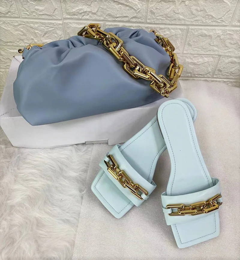 

soft PU leather Chain handbag chain slipper sandal women shoes and bag sets, Black